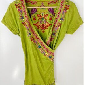 Johnny Was Embroidered Wrap Top Green M